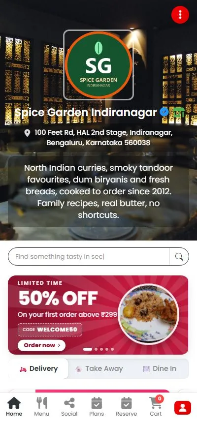 A restaurant's own menu page opened from a table QR, with dine-in, takeaway and delivery
