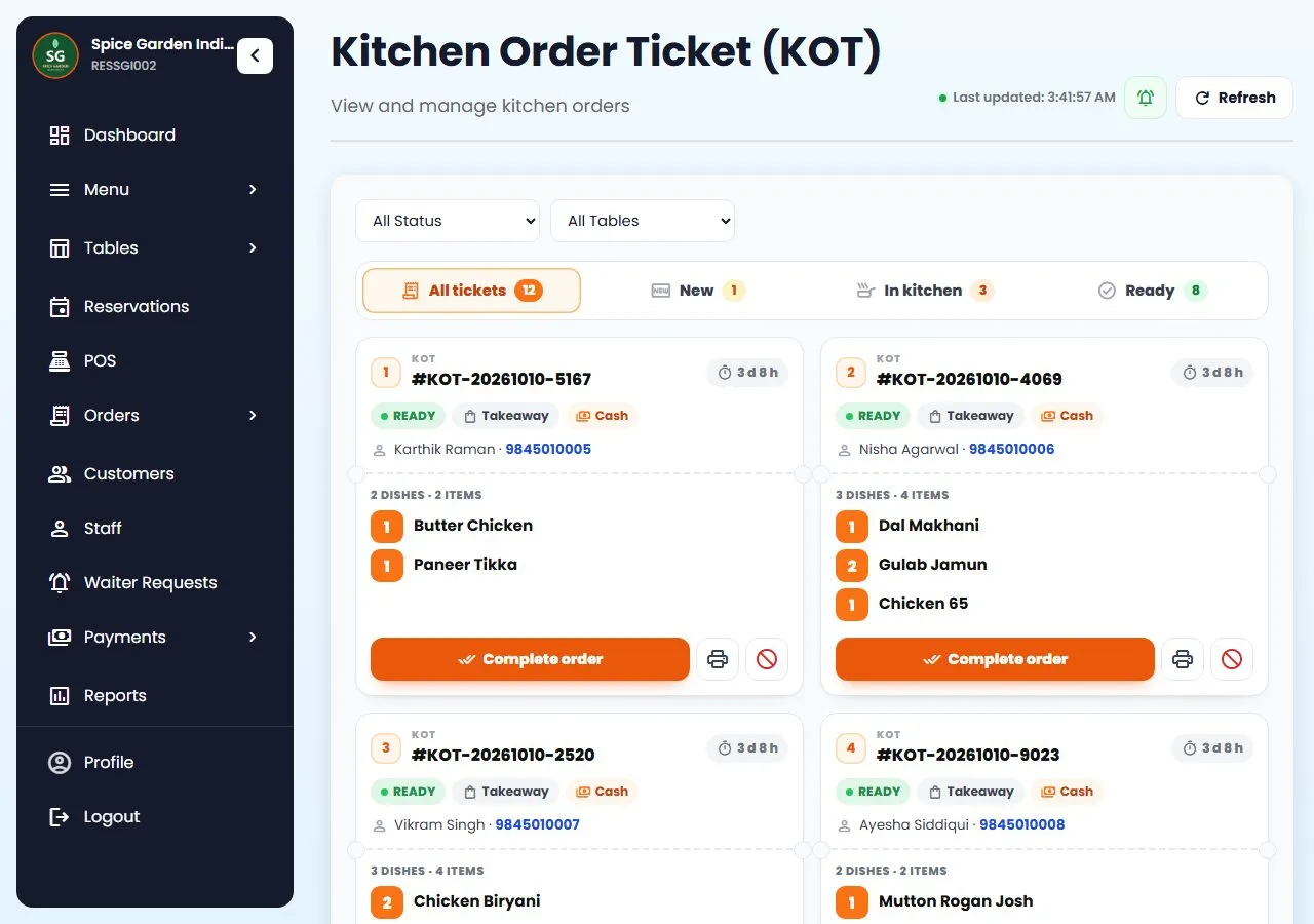 Restro Grow kitchen tickets with status and timers