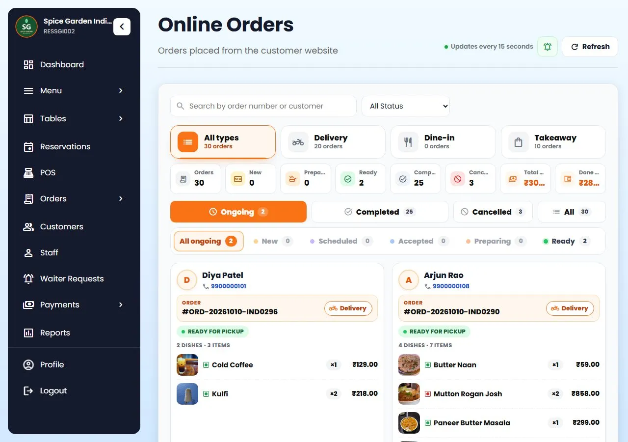 Restro Grow orders screen where WhatsApp orders arrive with website orders