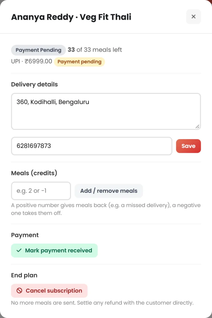 Real Manage window: delivery details, add or remove meals, mark payment received, cancel subscription