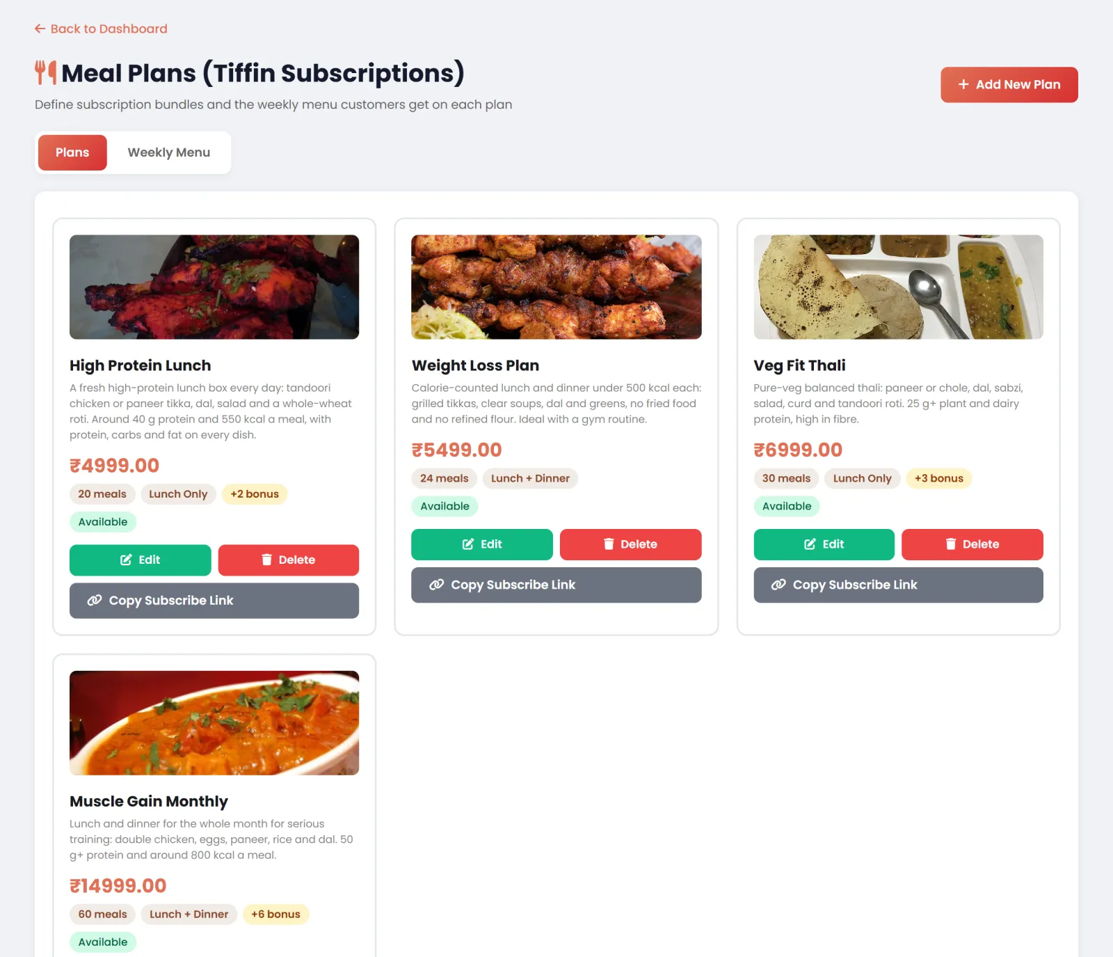 Real Meal Plans screen with four plans, photos, prices, meals, bonus meals and Copy Subscribe Link buttons