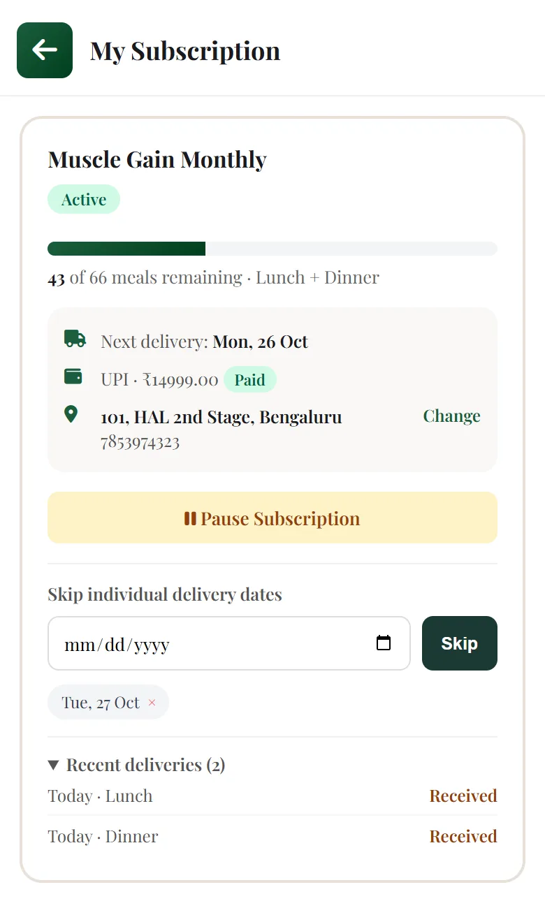 The real My Subscription page a customer sees: meals left, next delivery, payment, address and skip dates