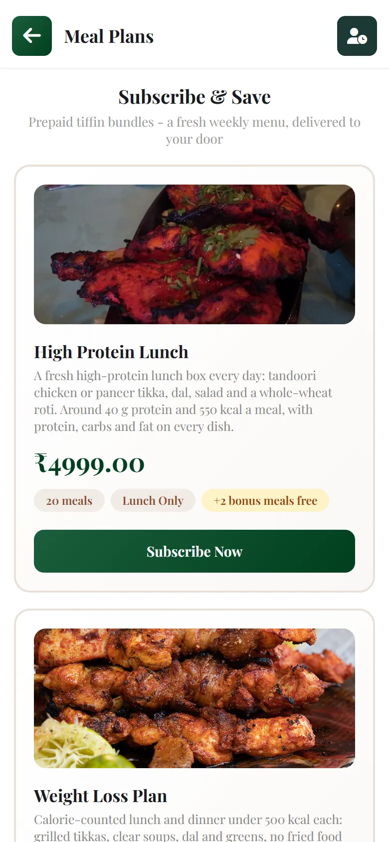 Real meal plans page with plan photos, prices and Subscribe Now buttons
