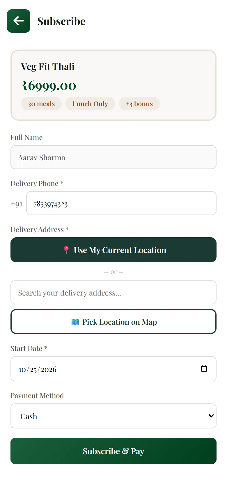 Real subscribe page with phone, address, start date and payment method